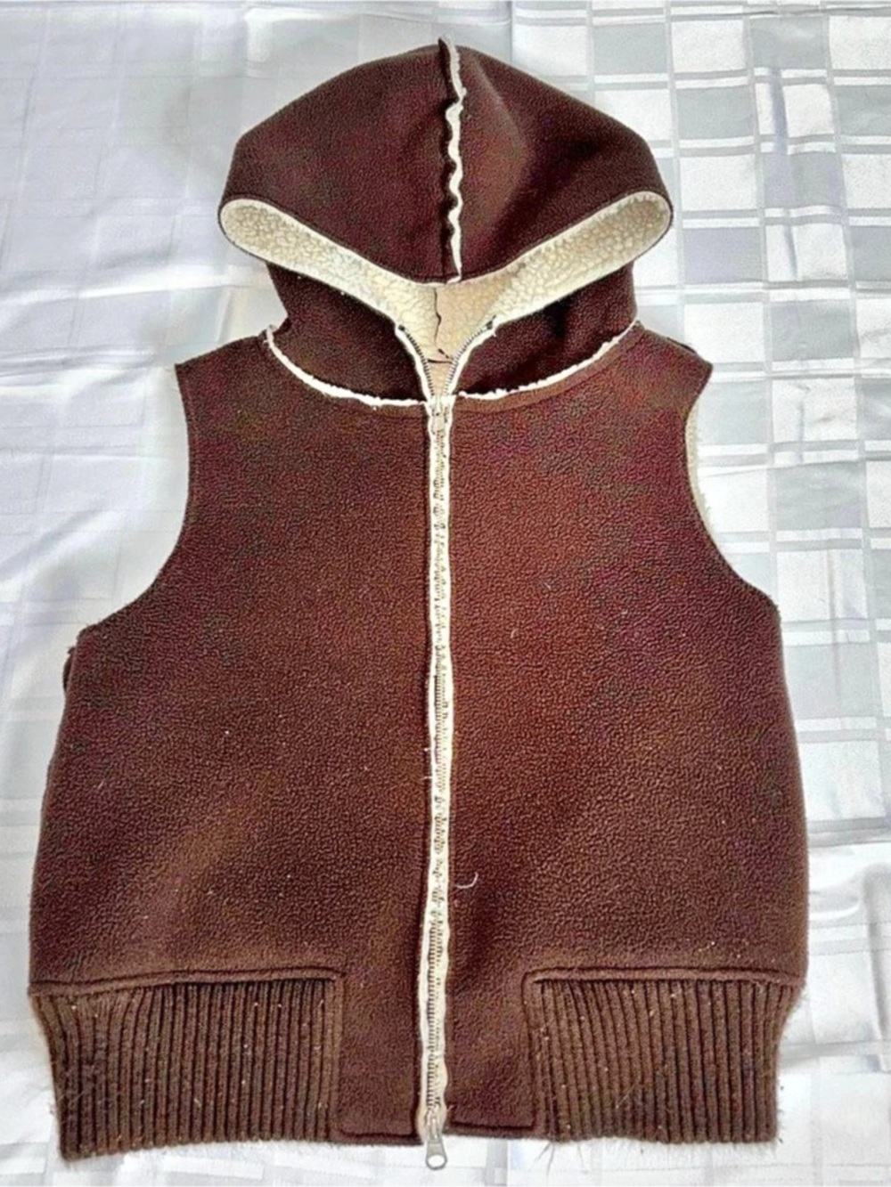 Brown Hooded Zip-Front Vest Plush Interior Size Small